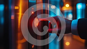 A hand pressing the elevator button in a modern building during evening hours