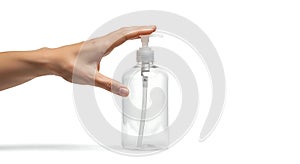 Hand Pressing Empty Clear Plastic Pump Bottle Isolated on White