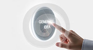 Hand Pressing 'Generate Idea' Button on Futuristic Interface