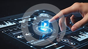 Hand pressing a glowing play button on a futuristic digital interface with data analytics charts