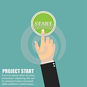 Hand pressing the green button start in a flat design