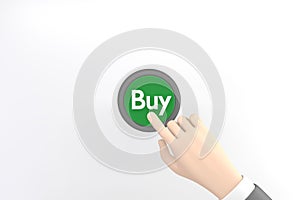 Hand pressing the green buy button on white background.3D rendering