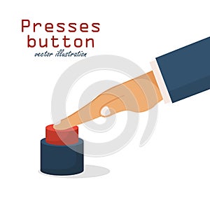 Hand pressing red button. Vector illustration in flat design