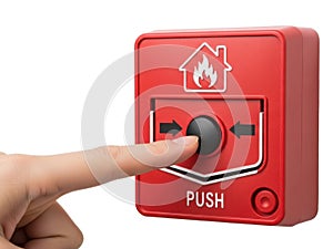 Hand pressing red fire alarm button with house and flame icon isolated on white background