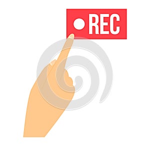 Hand pressing red record button. Recording concept with finger and REC sign. Multimedia and video production vector