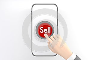 Hand pressing the red sell button on white background.3D rendering