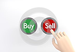 Hand pressing the red sell button on white background.3D rendering