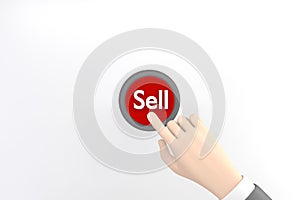 Hand pressing the red sell button on white background.3D rendering
