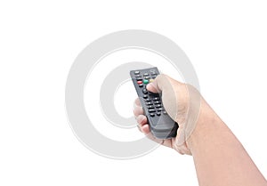 Hand pressing remote control isolated on white background with clipping path