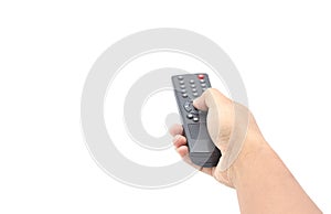 Hand pressing remote control isolated on white background with clipping path