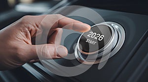 Hand pressing 2026 start button on modern interface