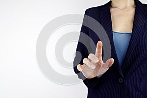 Hand pressing virtual button or pointing at something. Hand touching virtual screen, modern background concept
