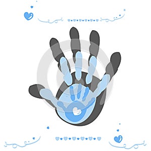 Hand print with family, baby boy, mother and father vector background