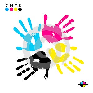 Hand print. Hand prints of different colors - symbol CMYK