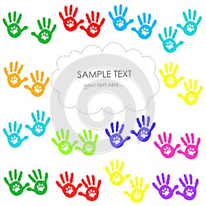 Hand print with paw print. Colorful greeting card