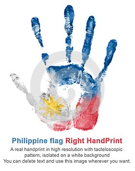Hand print of the right hand in the colors of the flag of Philippines, red-blue-white flag with yellow sun
