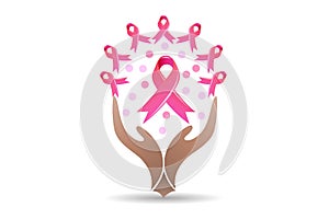 Logo hand print tree pink ribbon awareness breast cancer vector image web app template