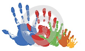 Hand prints of large family. Texture of handprints of mother, father and three children. Human fingers and palm of hands. Vector