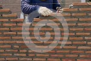 hand of professional construction worker laying bricks In wall