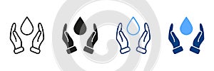 Hand Protecting Water Silhouette and Line Icon Set. Two Hand and Drop Icon. Save and Protection of Water. Sign