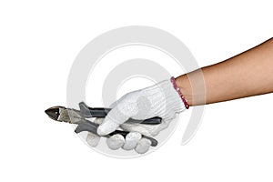 A hand with protection glove holding pliers