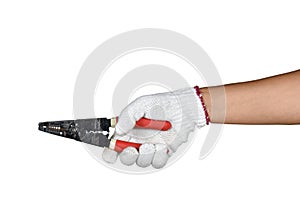 A hand with protection glove holding Wire stripping and cutting