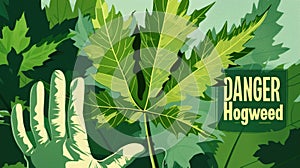 A hand in a protective glove holding a Giant Hogweed leaf. The caption "DANGER Hogweed" in minimalist style