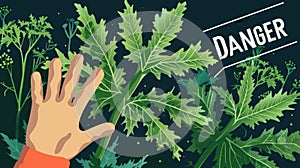 A hand in a protective glove holding a Giant Hogweed leaf. The caption "DANGER Hogweed" in minimalist style