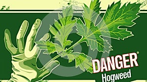 A hand in a protective glove holding a Giant Hogweed leaf. The caption "DANGER Hogweed" in minimalist style