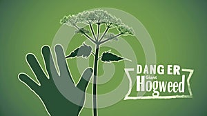 A hand in a protective glove holding a Giant Hogweed leaf. The caption "DANGER Hogweed" in minimalist style