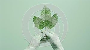 A hand in a protective glove holding a Giant Hogweed leaf in minimalist style