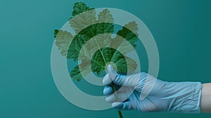 A hand in a protective glove holding a Giant Hogweed leaf in minimalist style