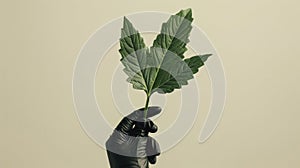 A hand in a protective glove holding a Giant Hogweed leaf in minimalist style