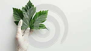 A hand in a protective glove holding a Giant Hogweed leaf in minimalist style