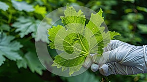 A hand in a protective glove holding a toxic Giant Hogweed leaf, dangerous hogweed