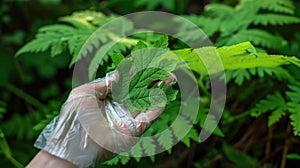 A hand in a protective glove holding a toxic Giant Hogweed leaf, dangerous hogweed