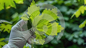 A hand in a protective glove holding a toxic Giant Hogweed leaf, dangerous hogweed