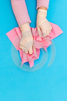 Hand protective pink glove rag wiper white background blue
