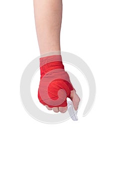 Hand with protective red bandages holds protection for teeth isolated on white background