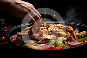 hand pulling apart a hot, steamy chicken fajita