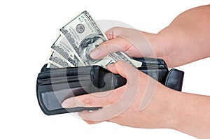 Hand pulling 100 dollars banknotes from wallet