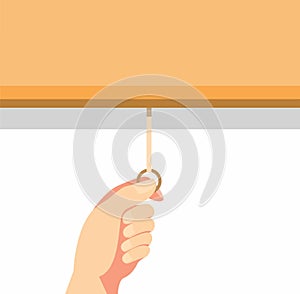 Hand pulling roller curtain or projector screen in cartoon flat illustration vector isolated in white background