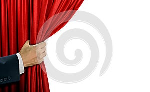 Hand pulling stage red curtain