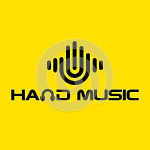Hand with Pulse music player element. Logo template electronic music, equalizer, store, dj, nightclub, disco.