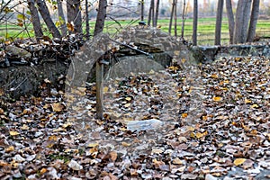 A hand pump on a well in a forest with no water. water scarcity concept