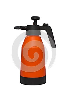 Hand-pumped sprayer isolated on white background. Garden pressure sprayer for dispensing fertilizer, pesticide or herbicide.
