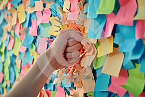 hand punching through a wall of multicolored sticky notes