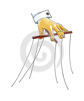 Hand with puppet control mechanism. Watercolor humorous illustration