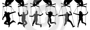 Hand puppeteer. Manipulation of people, puppets. The owner controls the subordinates. Isolated set of vector illustration photo