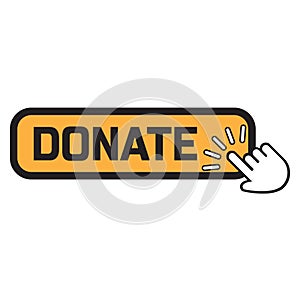Hand push on donate button. Flat style vector logotype graphic design isolated on white background. Concept of beneficence